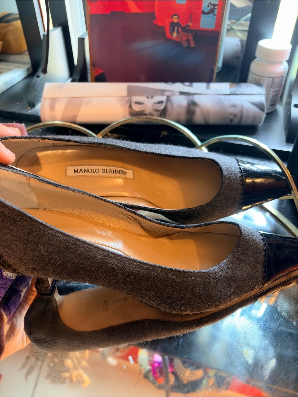 Manolo Blahnik Gray Fabric Pumps with Black Patent Toe Cap